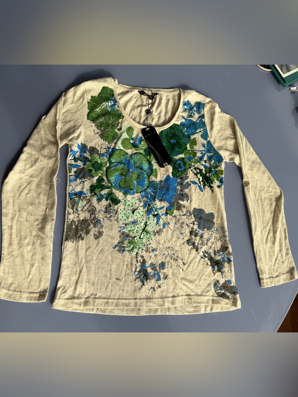 Floral Long Sleeve Women's Tee in Cream with Green & Blue
